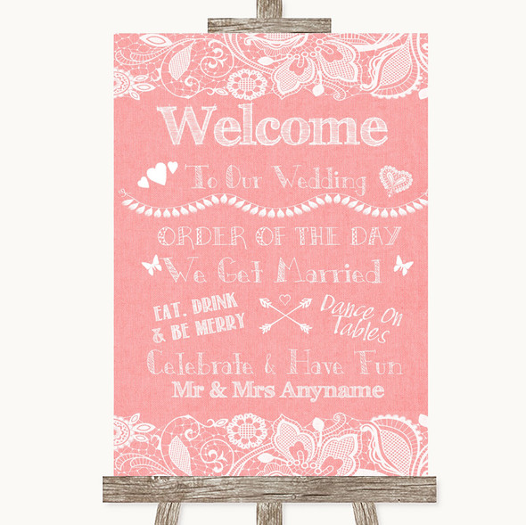 Coral Burlap & Lace Welcome Order Of The Day Personalised Wedding Sign