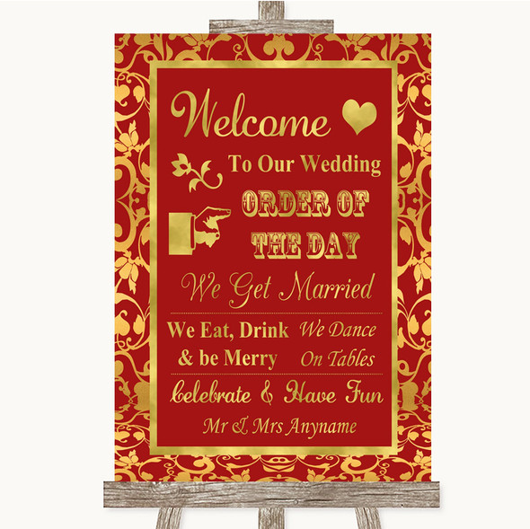 Red & Gold Welcome Order Of The Day Personalised Wedding Sign