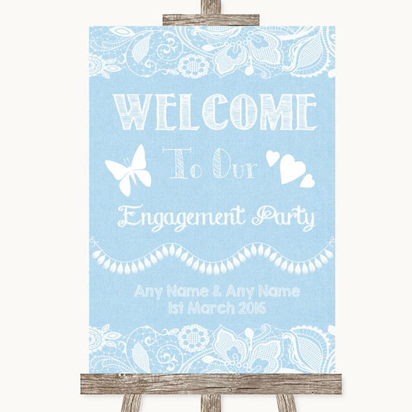 Blue Burlap & Lace Welcome To Our Engagement Party Personalised Wedding Sign