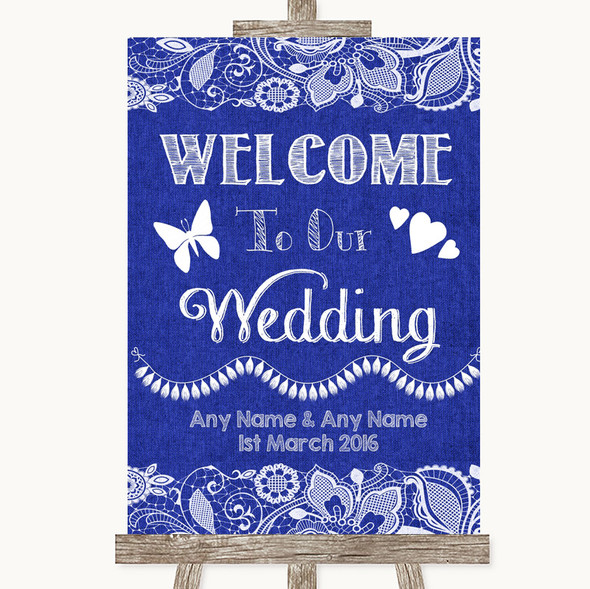 Navy Blue Burlap & Lace Welcome To Our Wedding Personalised Wedding Sign