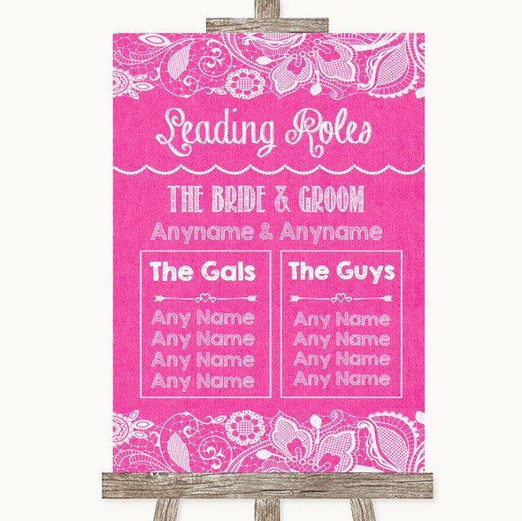 Bright Pink Burlap & Lace Who's Who Leading Roles Personalised Wedding Sign