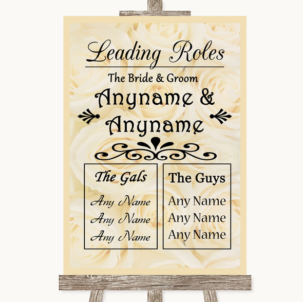 Cream Roses Who's Who Leading Roles Personalised Wedding Sign