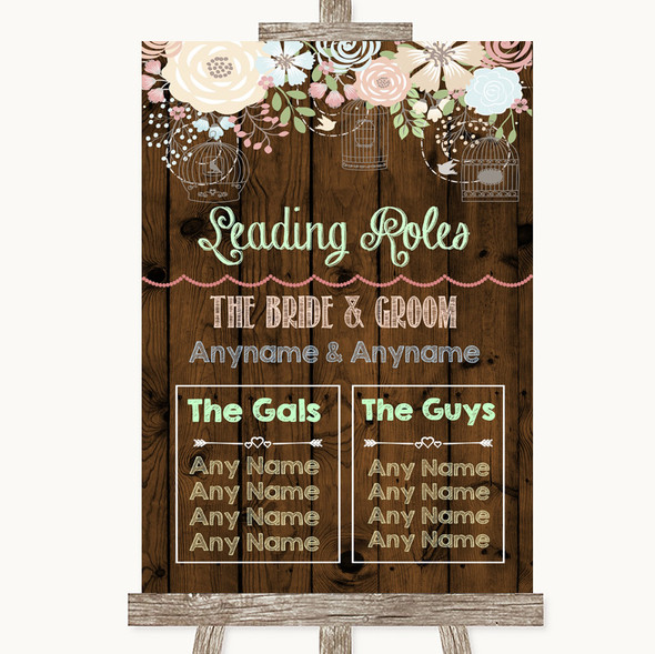 Rustic Floral Wood Who's Who Leading Roles Personalised Wedding Sign