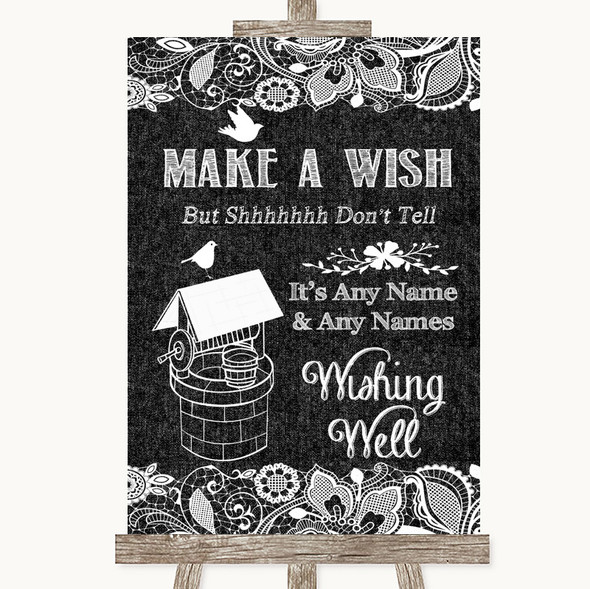 Dark Grey Burlap & Lace Wishing Well Message Personalised Wedding Sign