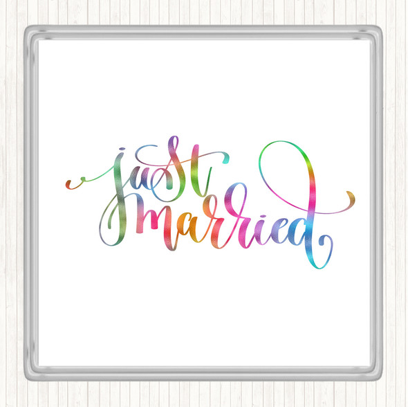 Just Married Swirl Rainbow Quote Drinks Mat Coaster