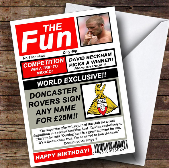 Doncaster Rovers Football Fan Funny Newspaper Personalised Birthday Card