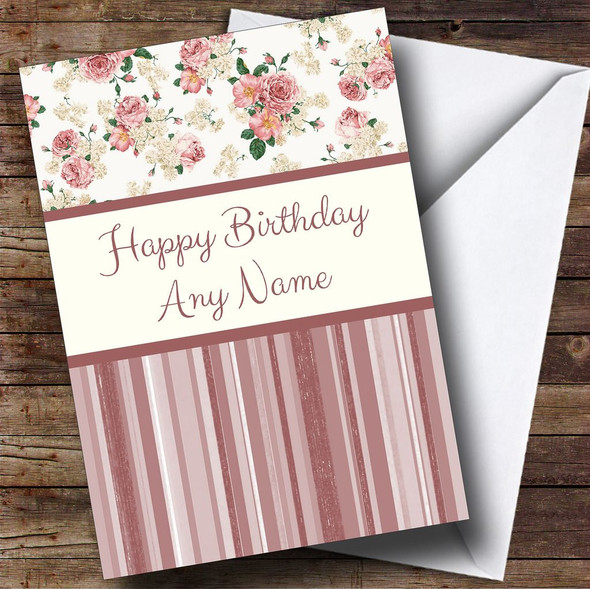 Stripe & Coral Floral Shabby Chic Personalised Birthday Card