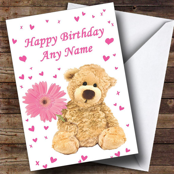 Teddy Bear And Pink Hearts Personalised Birthday Card