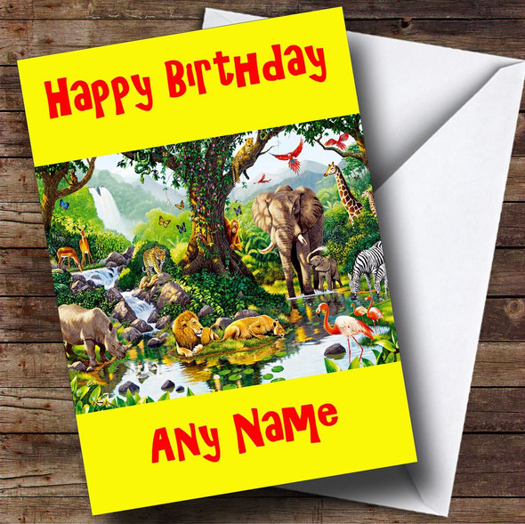 Yellow Jungle Animals Personalised Birthday Card