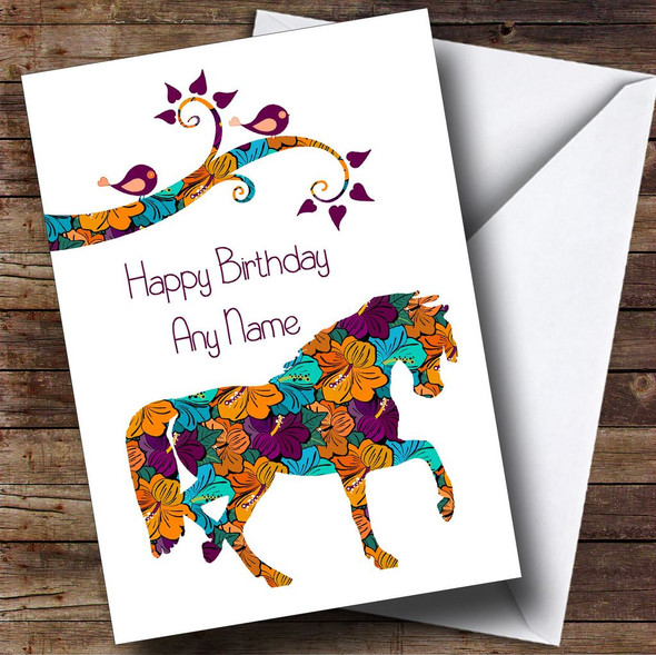 Orange & Purple Floral Horse Personalised Birthday Card