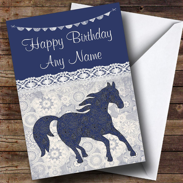 Lace Bunting Horse Blue Personalised Birthday Card