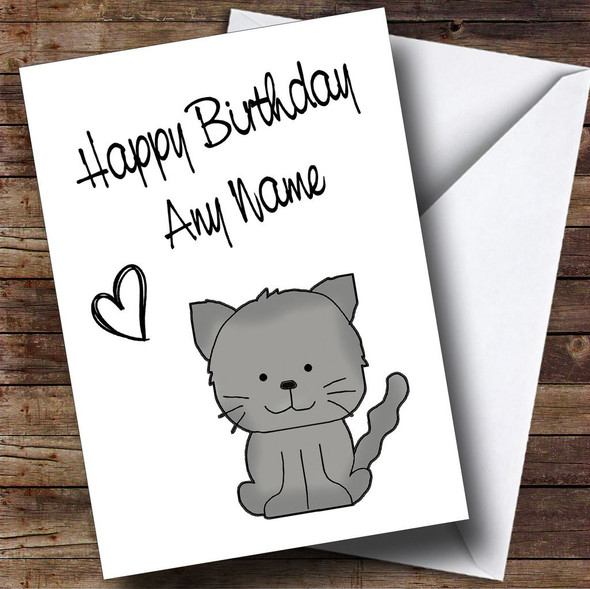 Cute Grey Stick Cat Personalised Birthday Card