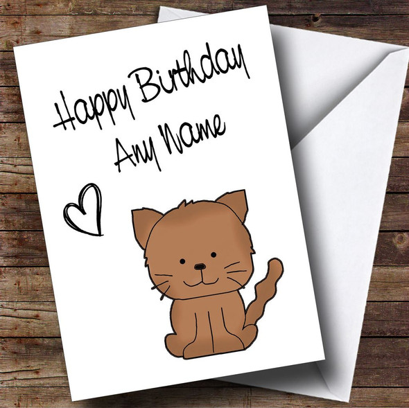 Cute Brown Stick Cat Personalised Birthday Card