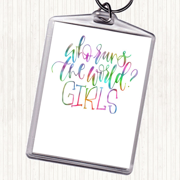 Girls Rule The World Rainbow Quote Bag Tag Keychain Keyring