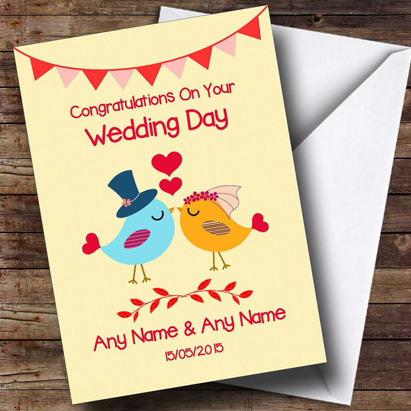 Red & Yellow Love Birds Personalised Wedding Card