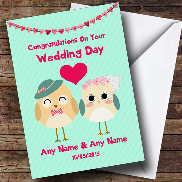 Mint Green Cute Owls Personalised Wedding Card