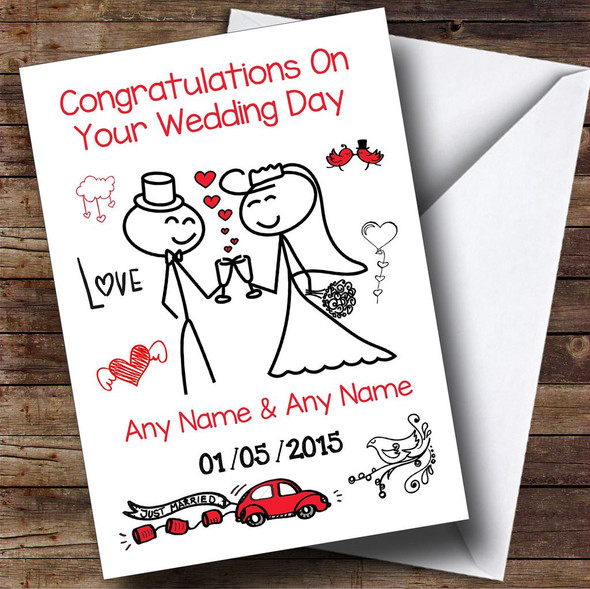 Doodle Toasting Couple Personalised Wedding Card