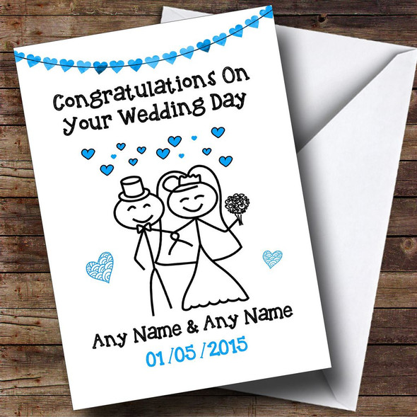 Doodle Happy Couple Blue Personalised Wedding Card