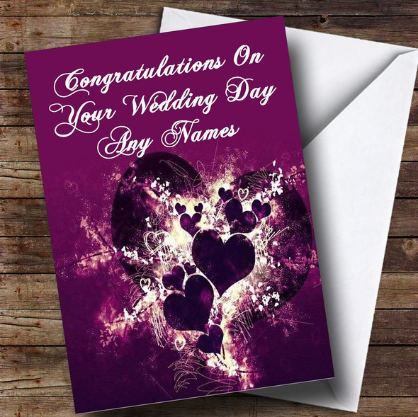 Purple Hearts And Swirls Romantic Personalised Wedding Day Card