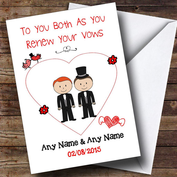 Cute Doodle Gay Male Couple Red Haired Personalised Renewal Of Vows Card