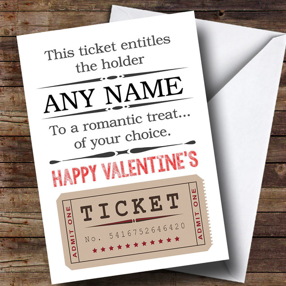 Valentines Ticket Romantic Treat Personalised Valentines Card