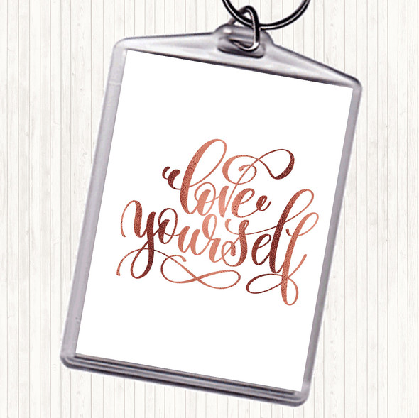 Rose Gold Love Yourself Swirl Quote Bag Tag Keychain Keyring