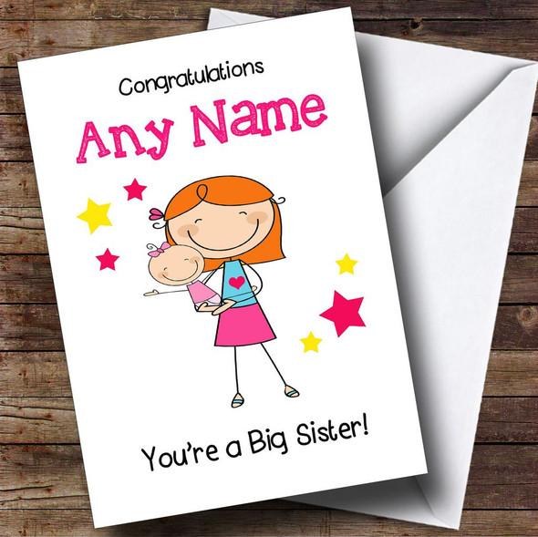 Red Haired Big Sister New Baby Baby Girl Personalised Sibling Card