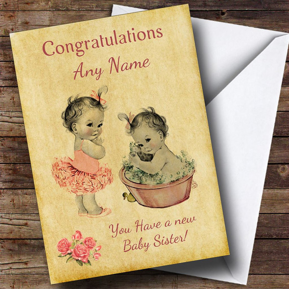 Pretty Vintage Pink Baby Girl You're A Big Sister Personalised Sibling Card