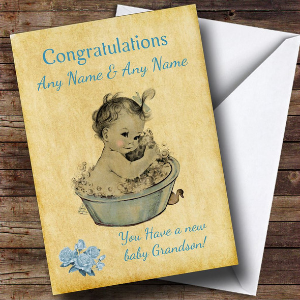 Pretty Vintage Blue Baby Boy Grandson Personalised Sibling Card