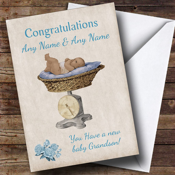 Pretty Vintage Blue Baby Boy Grandson On Scale Personalised Sibling Card