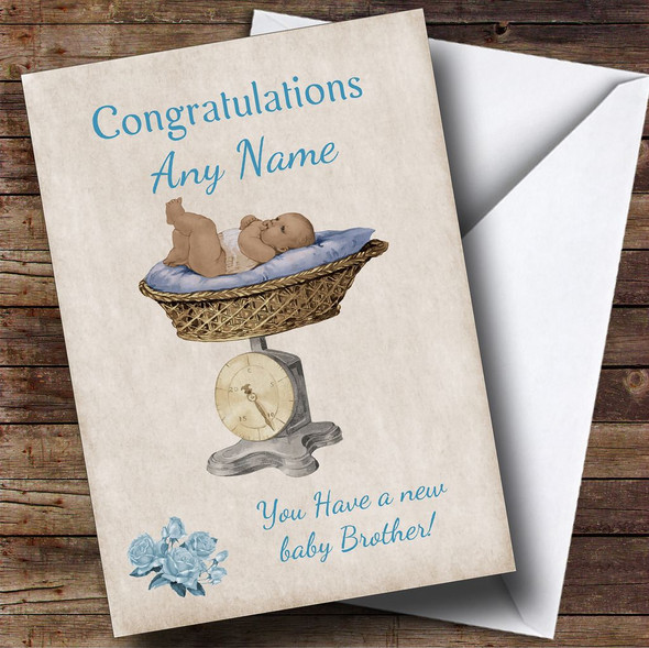 Pretty Vintage Blue Baby Boy Brother On Scales Personalised Sibling Card