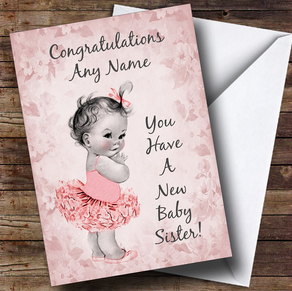 Pink Vintage Baby New Baby Sister Personalised Sibling Card