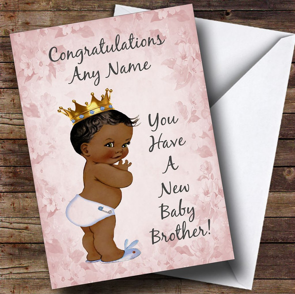 Pink Vintage Baby New Baby Brother Black Boy Personalised Sibling Card