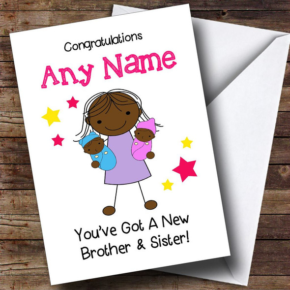 Black Congratulations Twin Boy & Girl Brother & Sister Personalised Sibling Card