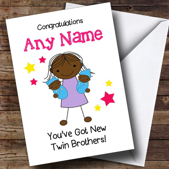 Black Big Sister New Baby Twin Boys Brothers Personalised Sibling Card