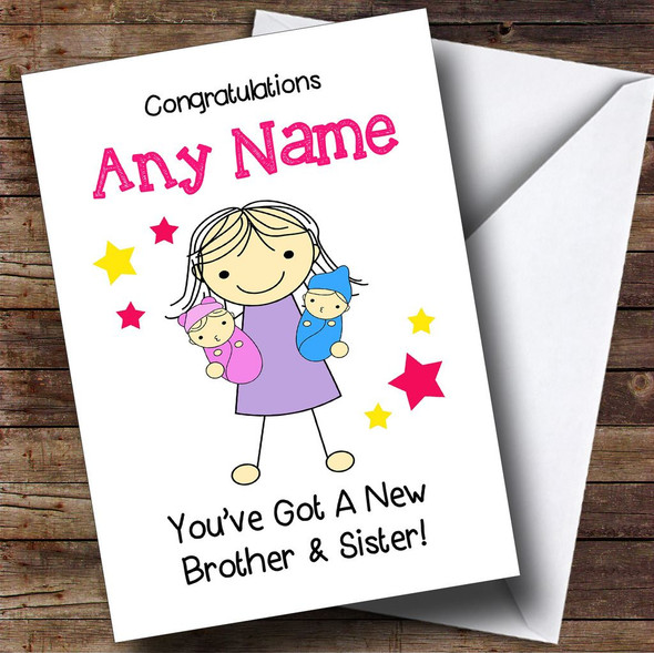 Big Sister New Baby Twin Brother & Sister Personalised Sibling Card