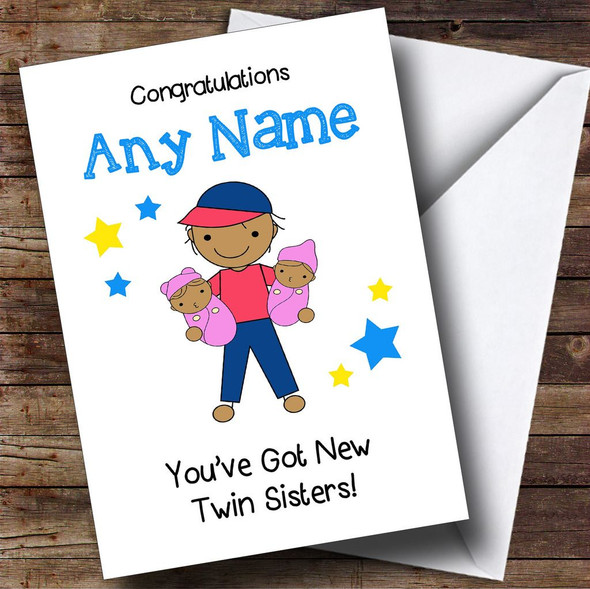 Asian Congratulations New Baby Twin Sisters Girls Personalised Sibling Card