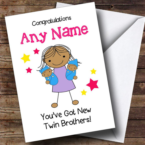 Asian Big Sister New Baby Twin Brothers Boys Personalised Sibling Card