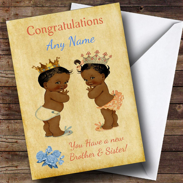 You Have Twin Brother & Sister Vintage Black Baby's Personalised New Baby Card