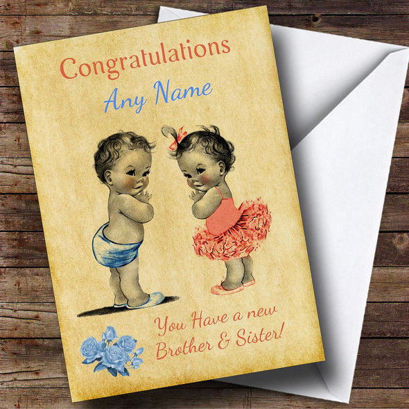 You Have Twin Brother & Sister Vintage Personalised New Baby Card