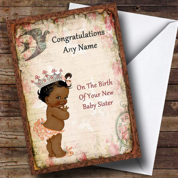Vintage Black Baby Girl Sister Personalised New Baby Card