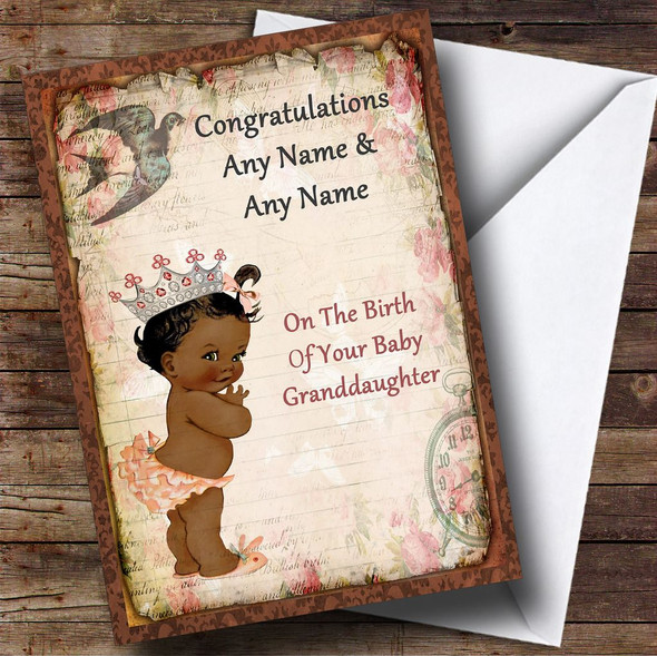 Vintage Black Baby Girl Granddaughter Personalised New Baby Card