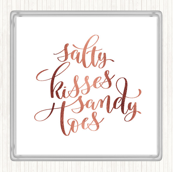 Rose Gold Salty Kisses Sandy Toes Quote Drinks Mat Coaster