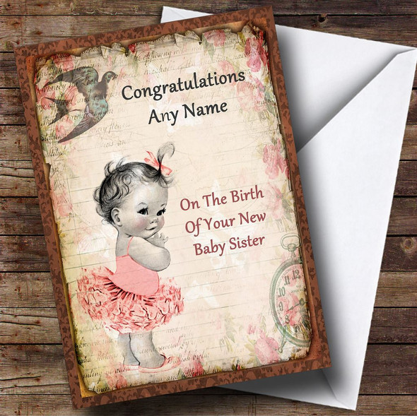 Vintage Baby Girl Sister Personalised New Baby Card