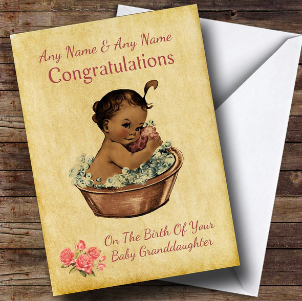 Pretty Vintage Black Baby Girl Granddaughter Personalised New Baby Card