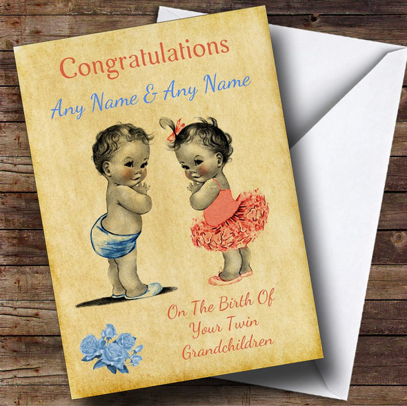 New Baby Twin Grandchildren Boy & Girl Personalised New Baby Card