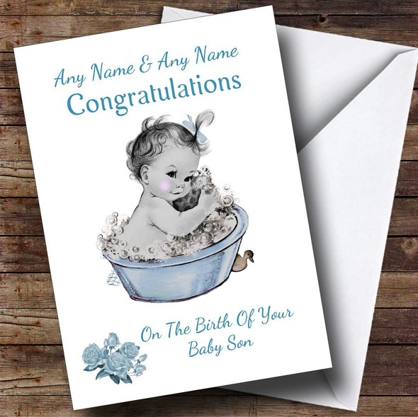 Cute Vintage Blue Baby Boy Son Personalised New Baby Card