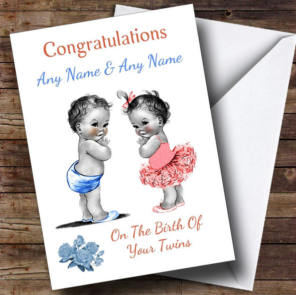Cute New Baby Twins Boy & Girl Personalised New Baby Card
