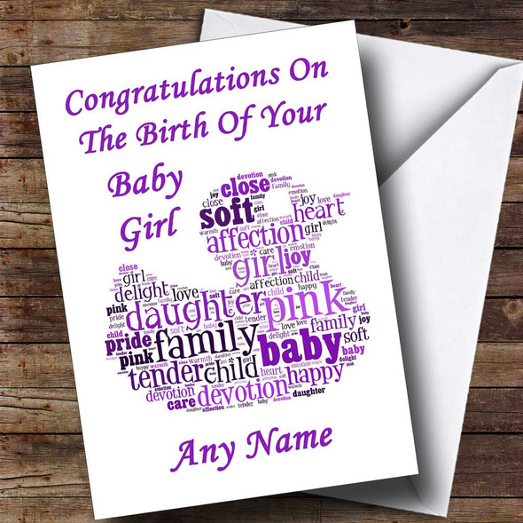 White Purple Word Art Girl Personalised New Baby Card