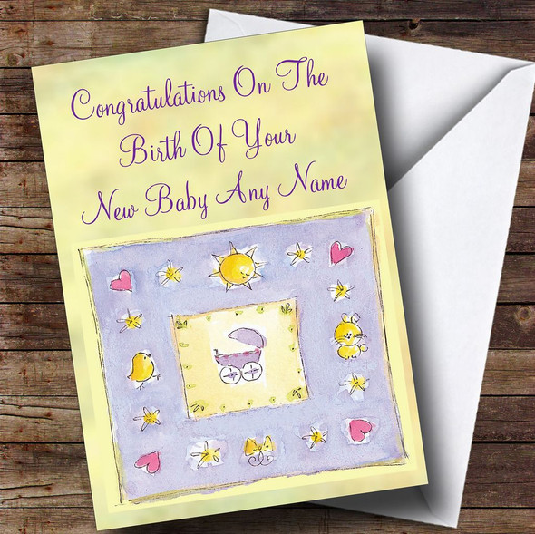 Unisex Yellow Lilac Personalised New Baby Card